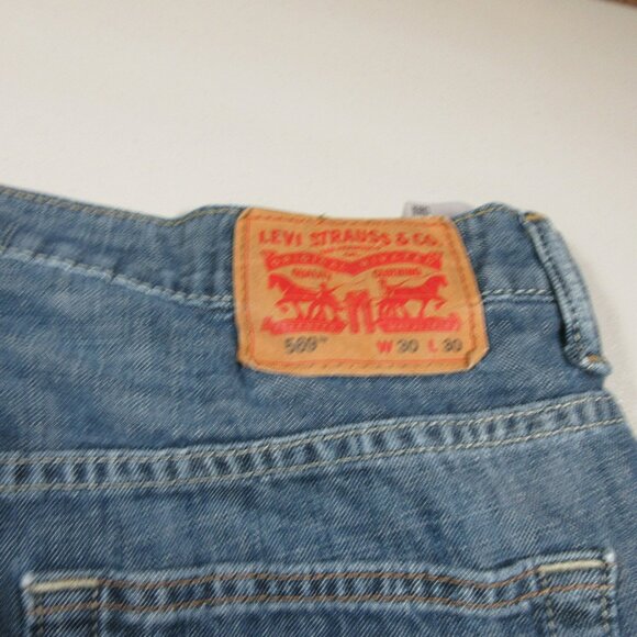 Levis mens dark distressed 569 bootcut chambray jeans 30x29 EUC - Picture 5 of 7